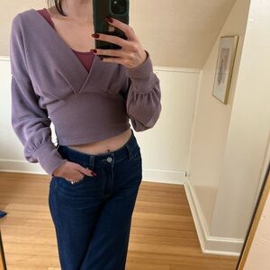 Free People Lavender V-Neck Cropped Sweater